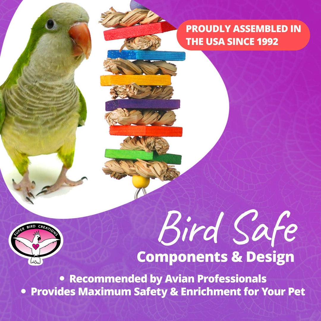 Super Bird Creations Seagrass Wafers Bird toy with colorful components and a parrot on a purple background, featuring text about assembly and safety.
