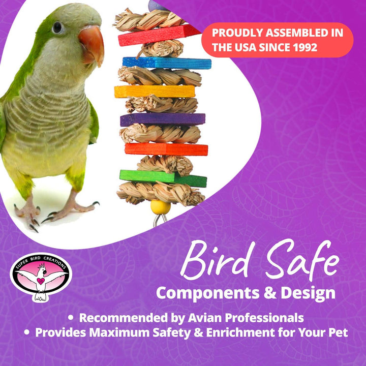 Super Bird Creations Seagrass Wafers Bird toy with colorful components and a parrot on a purple background, featuring text about assembly and safety.