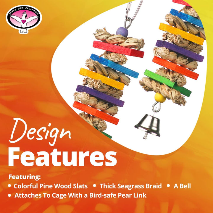 Super Bird Creations Seagrass wafers Bird toy with colorful pine wood slats and seagrass braid on an orange background