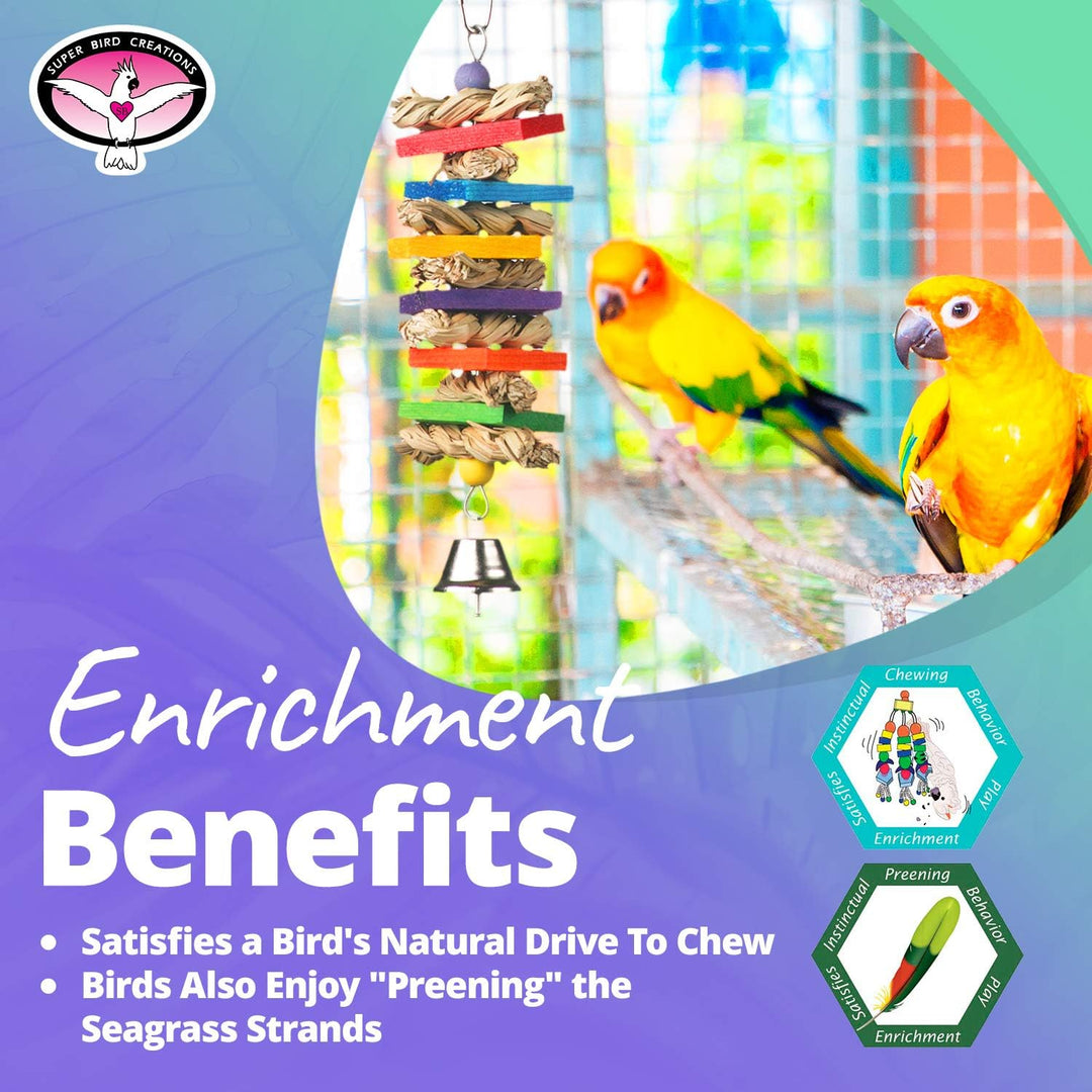 Super Bird Creations Seagrass Wafers Bird toy and birds on a colorful background with text about enrichment benefits.