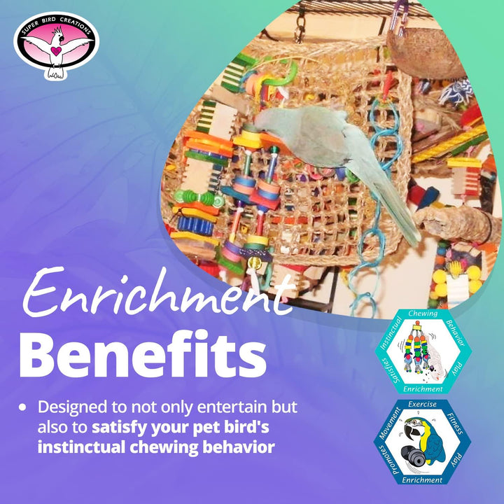 Super Bird Creations Activity Wall Bird toy with text about enrichment benefits on a colorful background