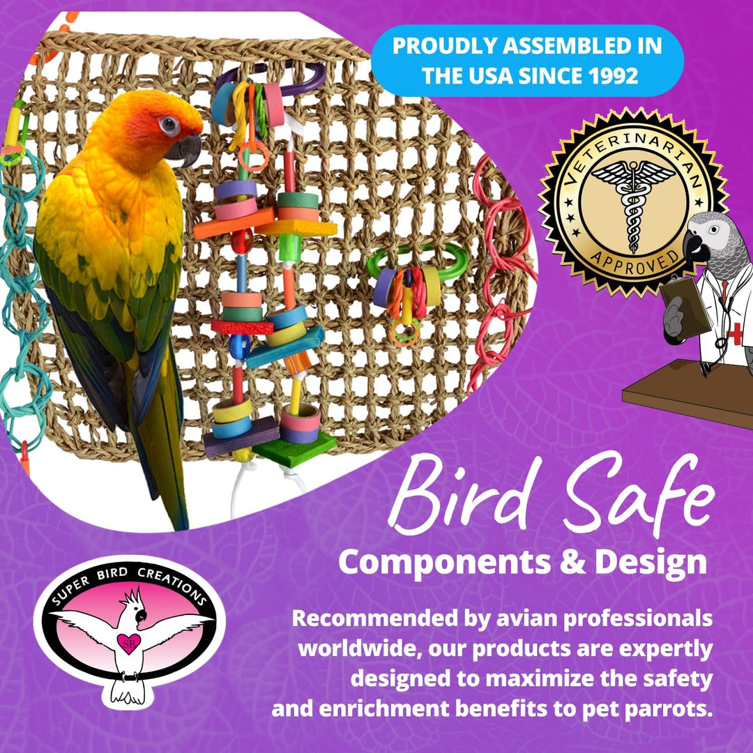 Super Bird Creations Activity Wall Bird toy with colorful rings and a parrot on a purple background, featuring text about assembly in the USA and bird safety.