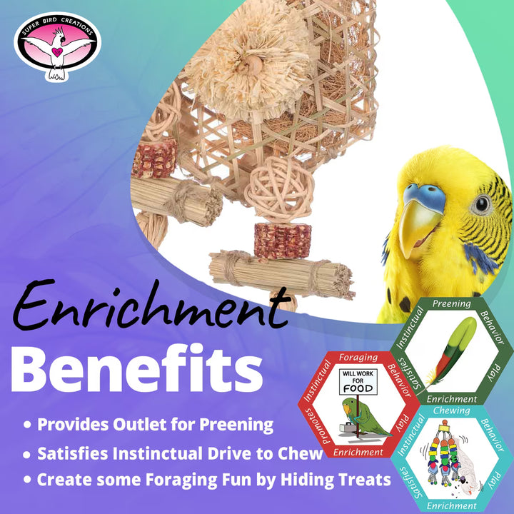 Bird enrichment products with a yellow parakeet and text about benefits on a colorful background.