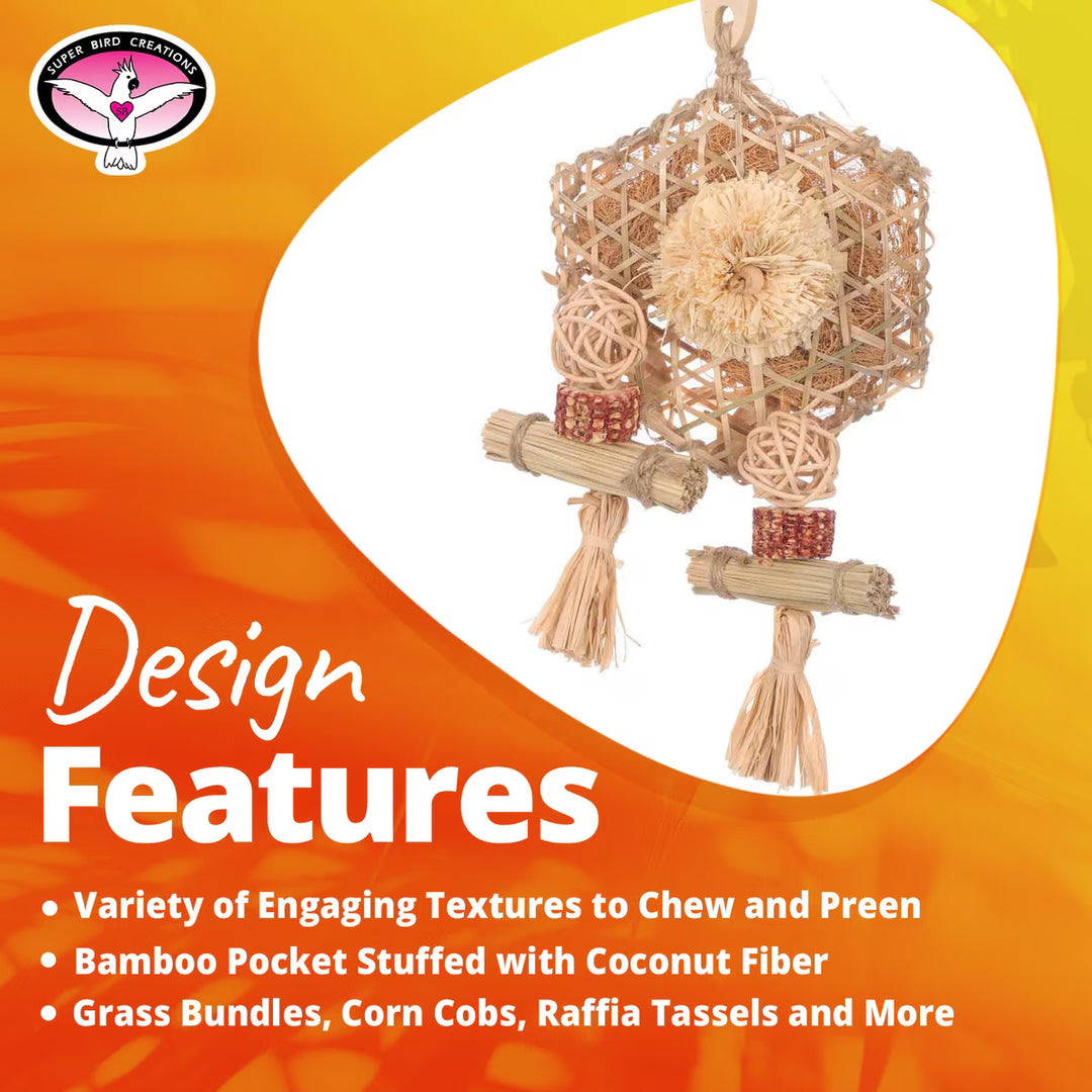Super Bird Creations Bamboo Playwall bird toy with text highlighting features on a colorful background