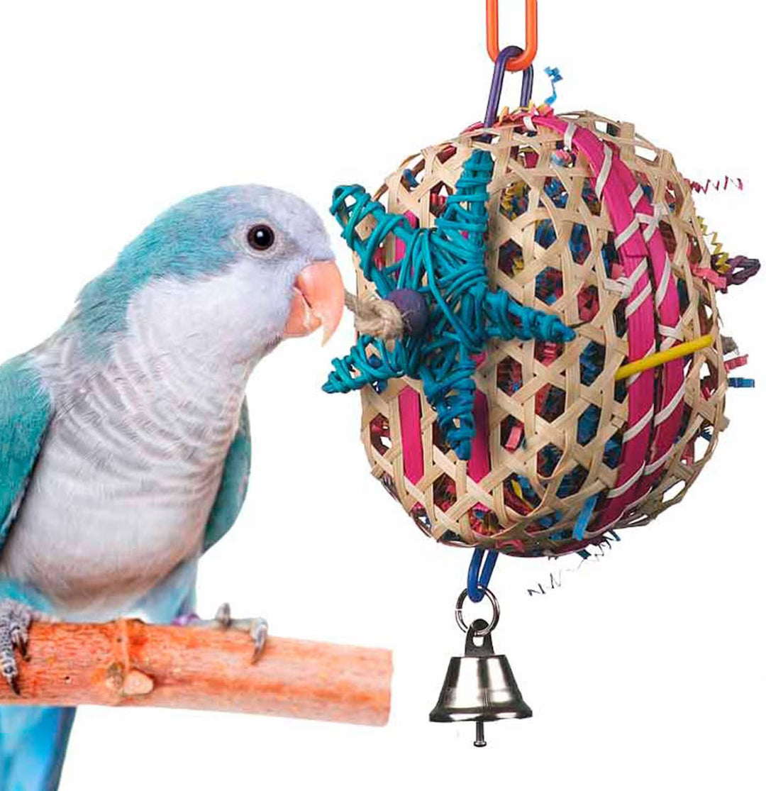 Super Bird Creations Basket Case bird toy with a bell and a parrot interacting with it on a white background