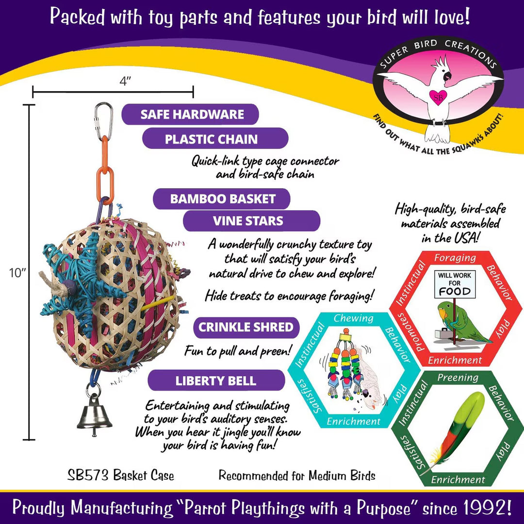 Super Bird Creations Basket Case Bird toy with features and specifications on a colorful background