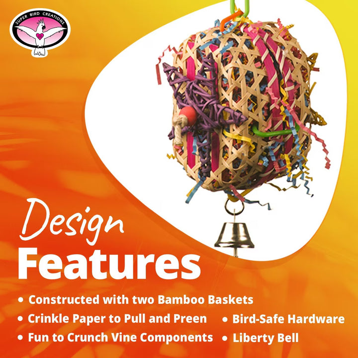 Colorful bird toy with bamboo baskets and crinkle paper on an orange background