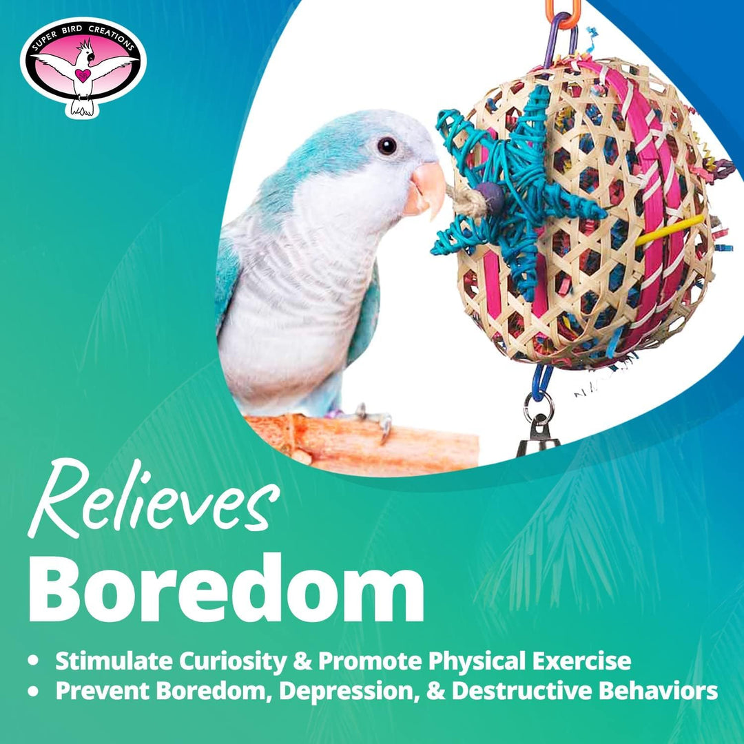Parrot with a colorful Super Bird Creations Basket Case toy against a green background, featuring text about relieving boredom.