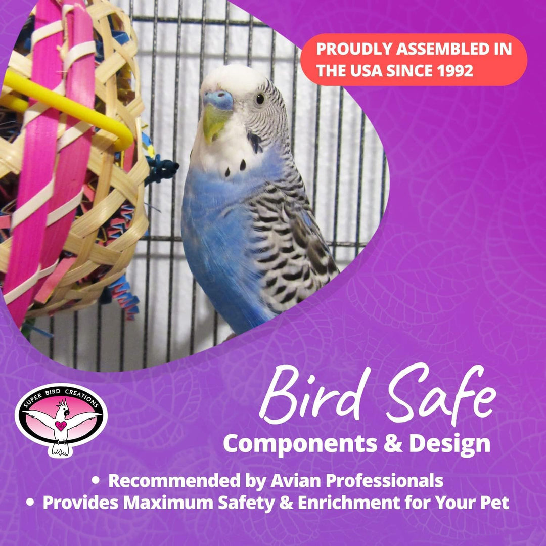 Bird in a cage with promotional text about bird-safe components and design, featuring a purple border.
