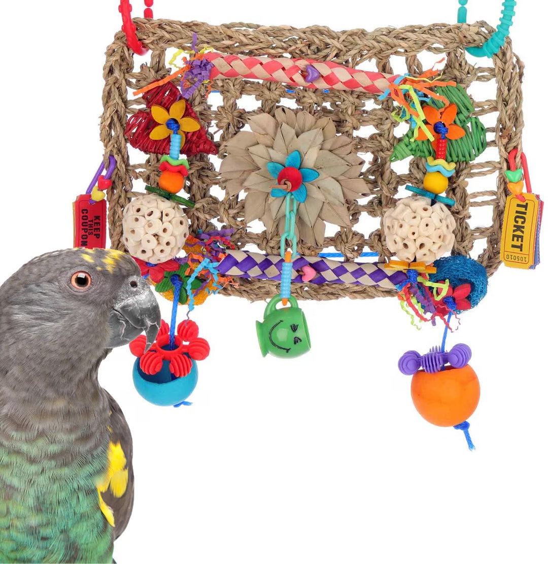 Super Bird Creations Buffet Wall bird toy with hanging elements next to a parrot on a white background
