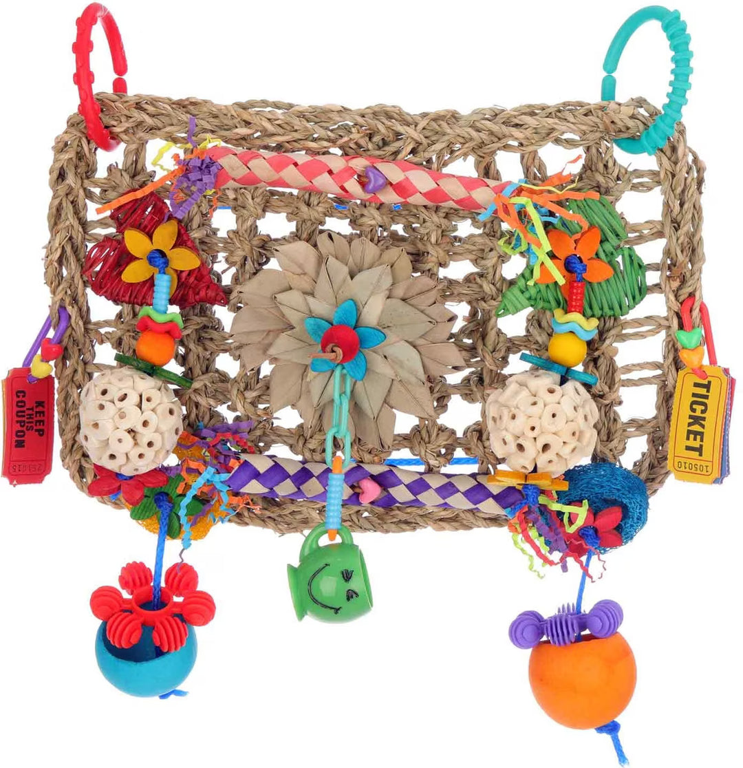Super Bird Creations Buffet Wall bird toy with woven base and hanging elements on a white background