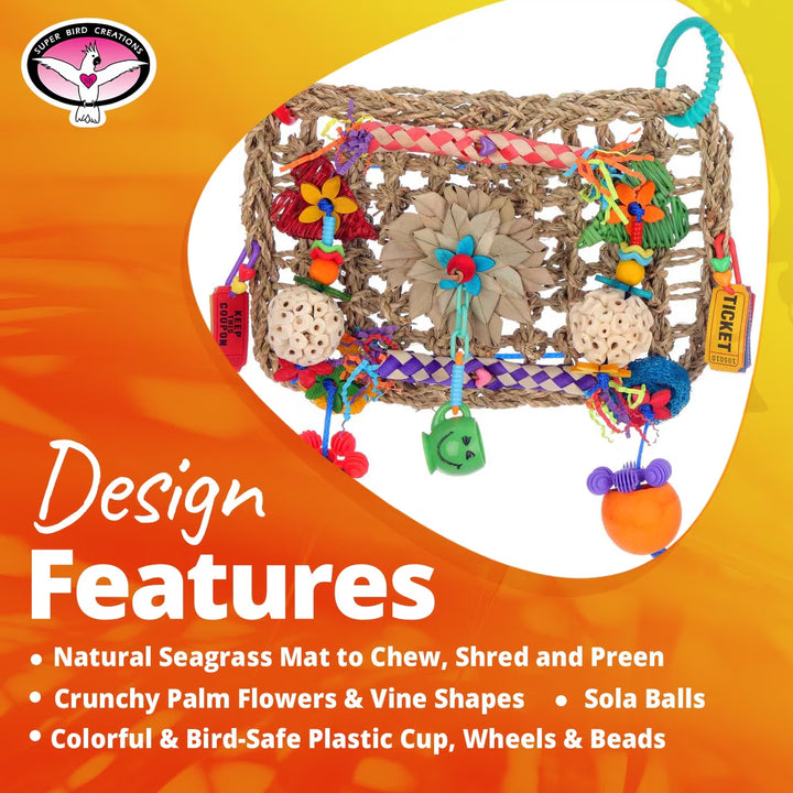 Super Bird Creations Buffet Wall Bird toy with various features on an orange background