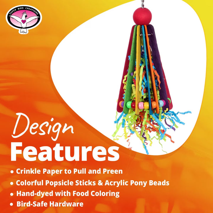 Colorful bird toy (Super Bird Creations Clownin' Around) with crinkle paper and beads on an orange background