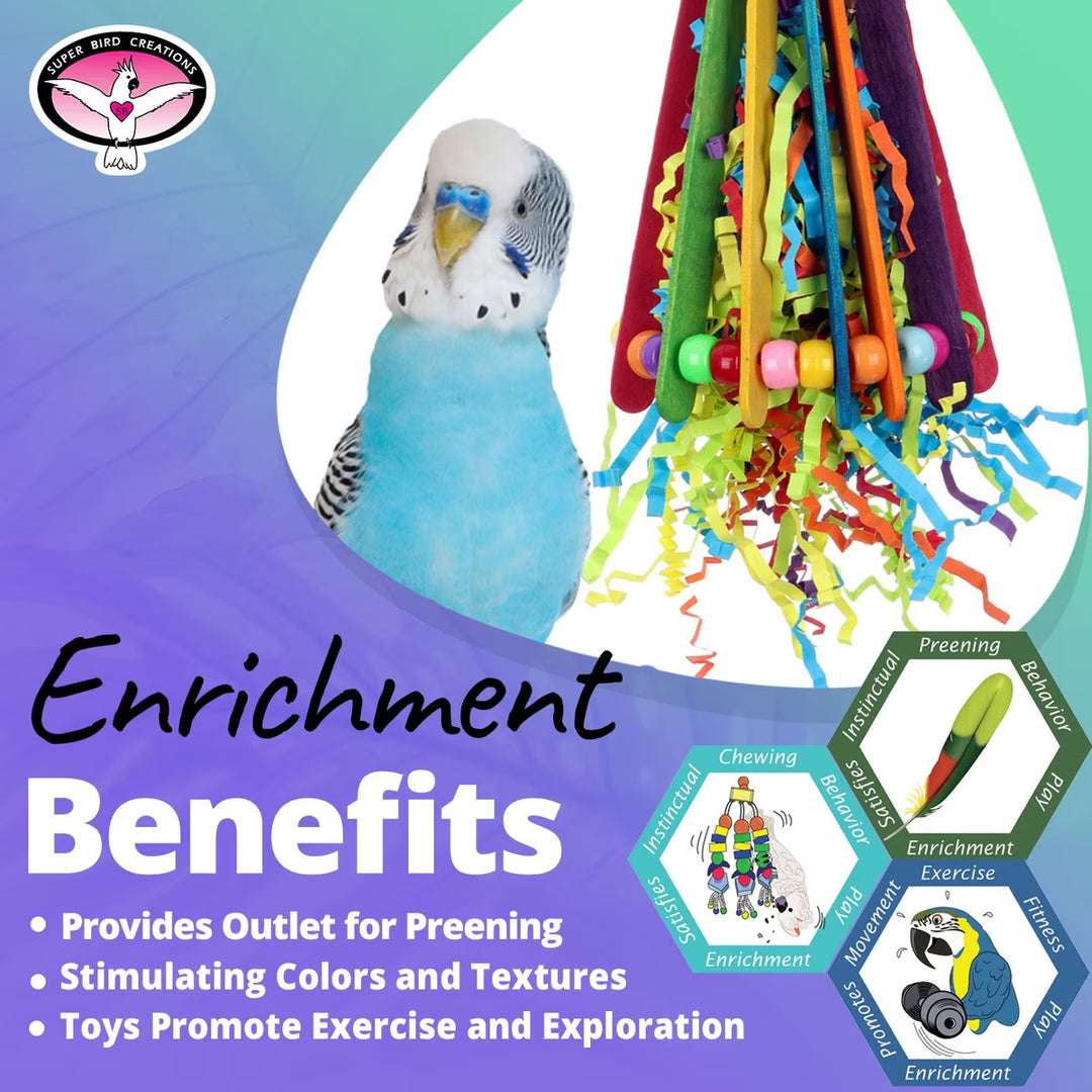 Colorful bird toy (Super Bird Creations Clownin' Around) with a parakeet and text about enrichment benefits on a gradient background.