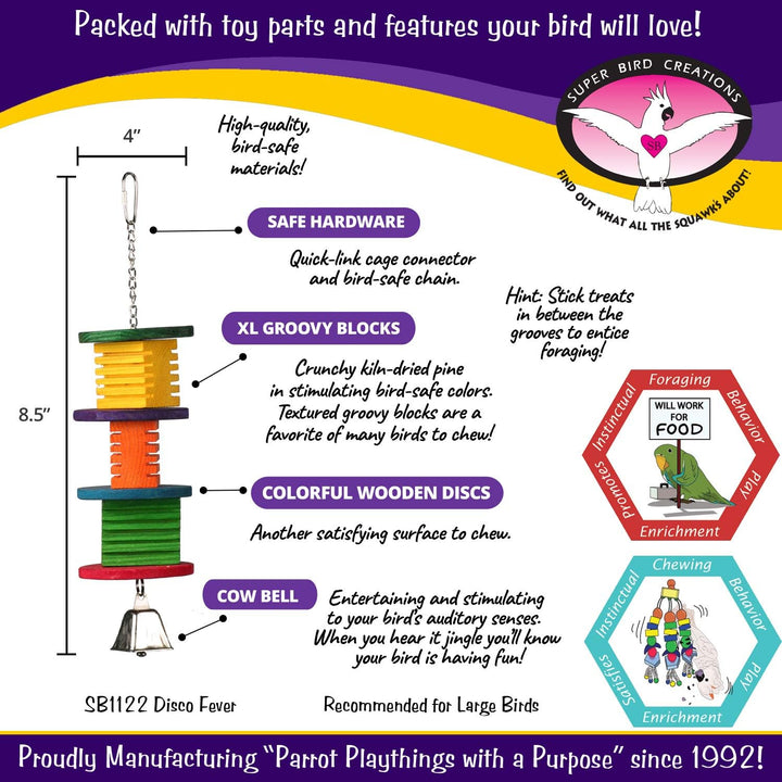 Super Bird Creations Disco Fever Bird toy packaging with features and specifications on a purple and yellow background