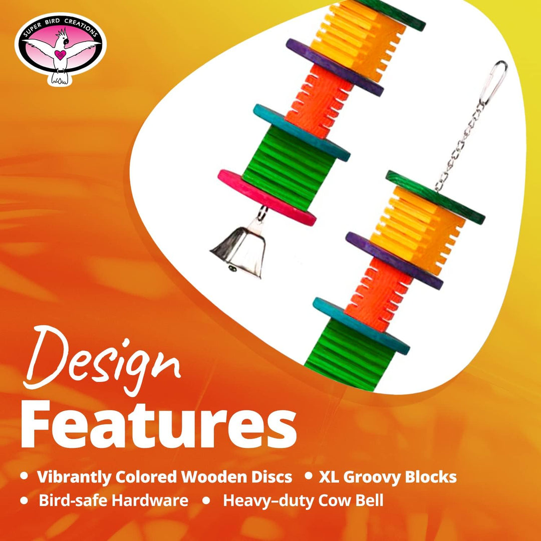 Super Bird Creations Disco Fever bird toy with groovy blocks and a bell on an orange and yellow background.