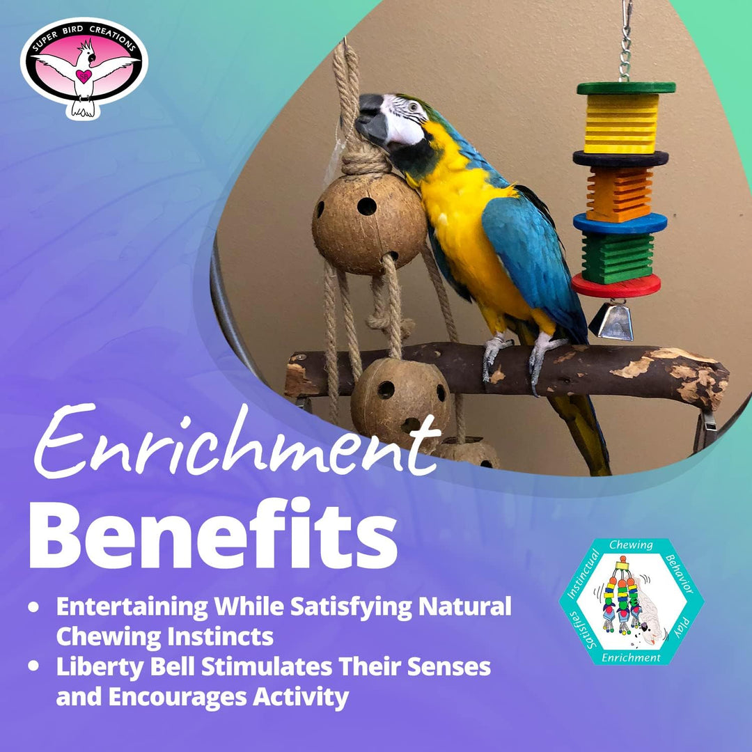 Parrot on a perch with enrichment toys, featuring text about benefits of enrichment.