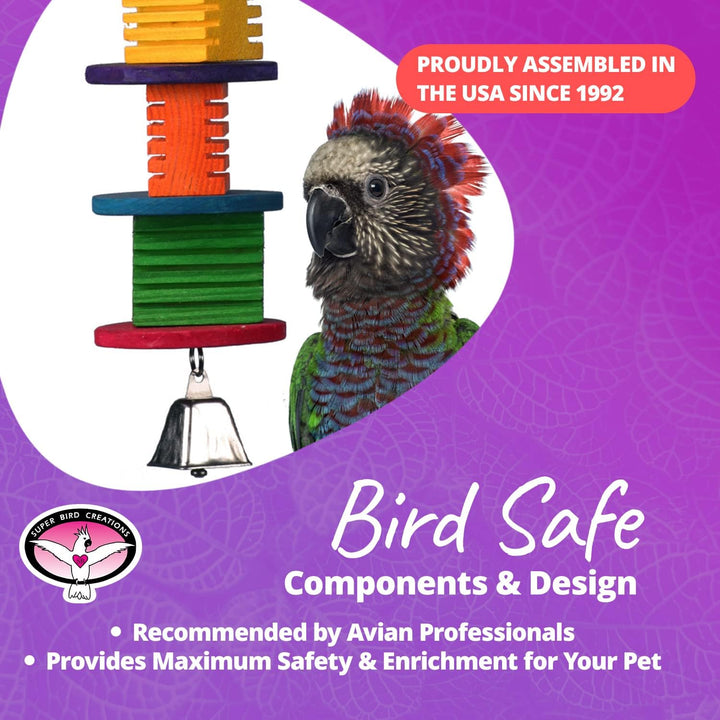 Super Bird Creations Disco Fever Parrot toy with colorful perch and bell on a purple background, featuring text about assembly and safety.