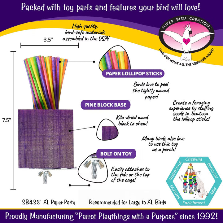 Colorful descriptions and illustrations of Super Bird Creations Extra Large Paper Party on a purple background