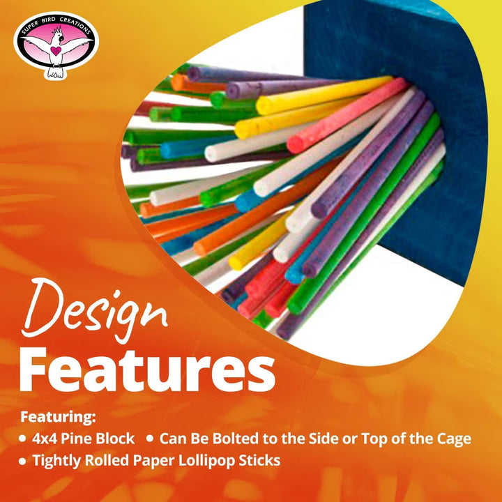 Colorful paper lollipop sticks in a blue holder with text about design features on an orange background.