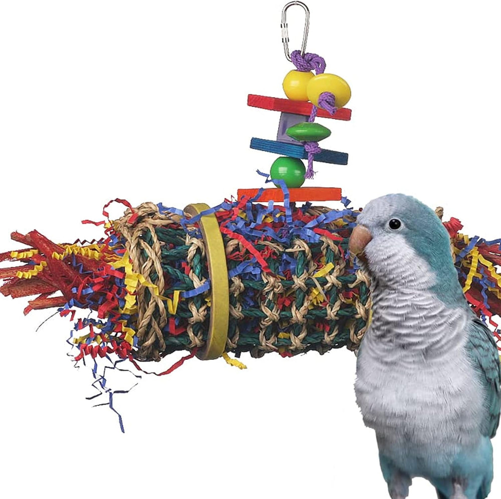 Super Bird Creations Firecracker Jr. bird toy with a parrot perched on it against a white background