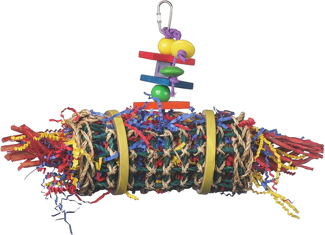 Super Bird Creations Firecracker Jr. bird toy with shredded paper and plastic pieces on a white background