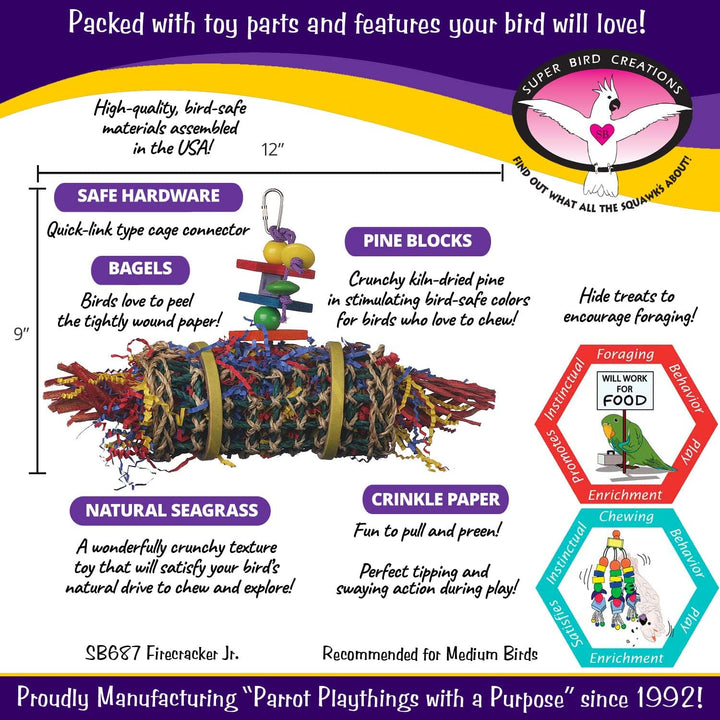 Super Bird Creations Firecracker Jr. Bird toy packaging with features and specifications on a colorful background