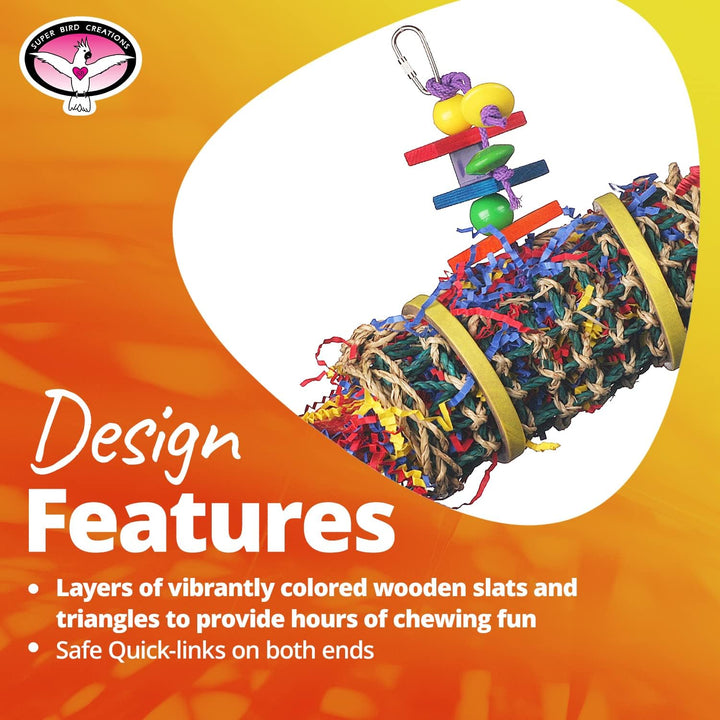 Super Bird Creations Firecracker Jr. bird toy with wooden slats and quick-links on an orange background