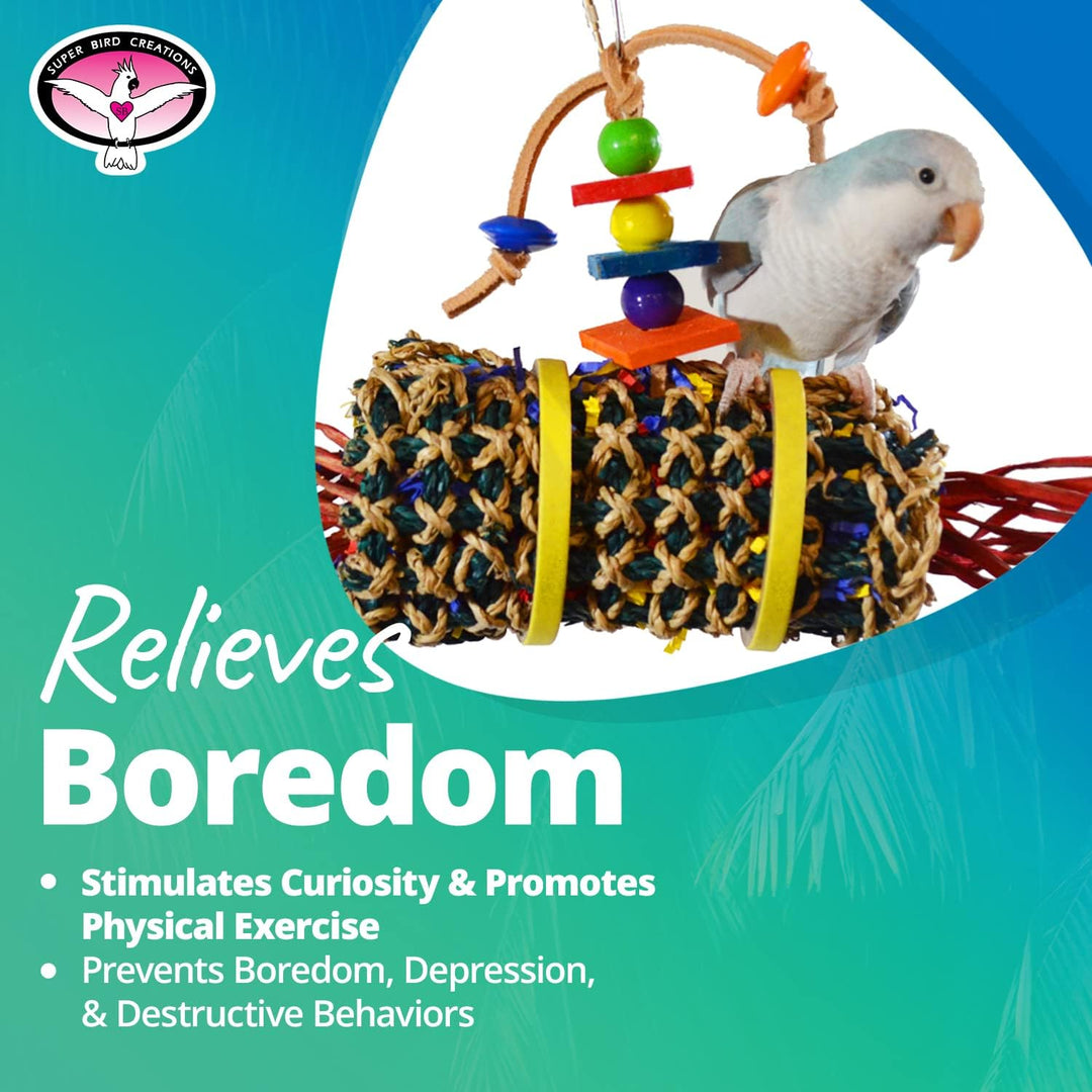 Super Bird Creations Firecracker Jr. Bird toy with a parrot on a colorful background, featuring text about relieving boredom.