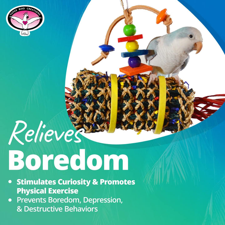 Super Bird Creations Firecracker Jr. Bird toy with a parrot on a colorful background, featuring text about relieving boredom.