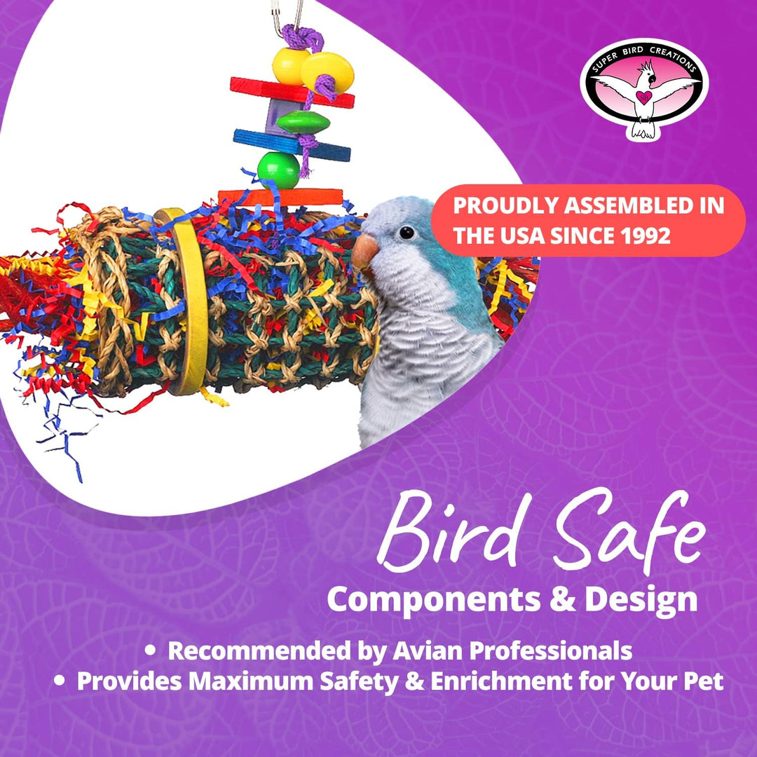 Super Bird Creations Firecracker Jr. bird toy with a parrot on a purple background, featuring text about assembly origin and safety.