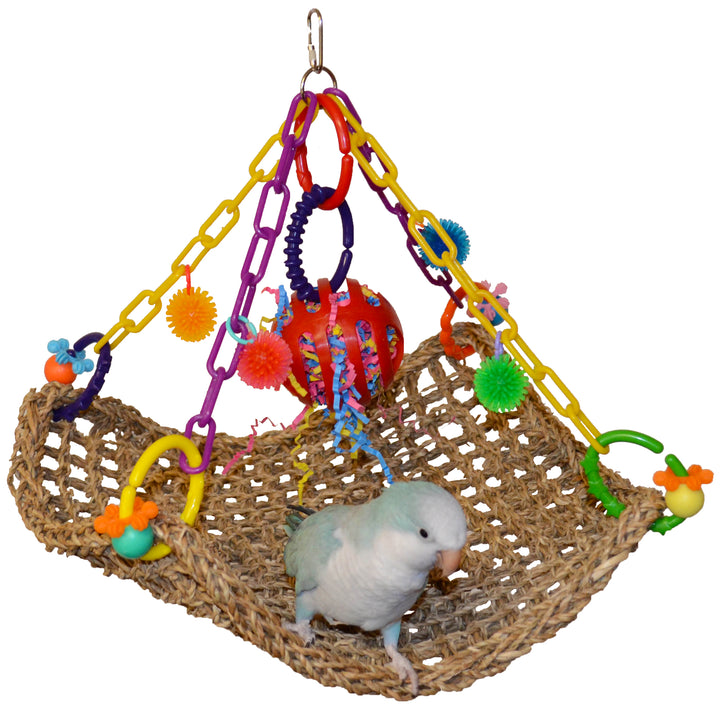 Super Bird Creations Flying Trapeze Colorful bird toy with a hammock and hanging toys on a white background