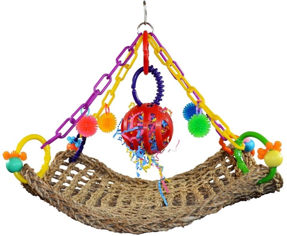 Super Bird Creations Flying Trapeze Colorful bird toy with a hammock and hanging elements on a white background