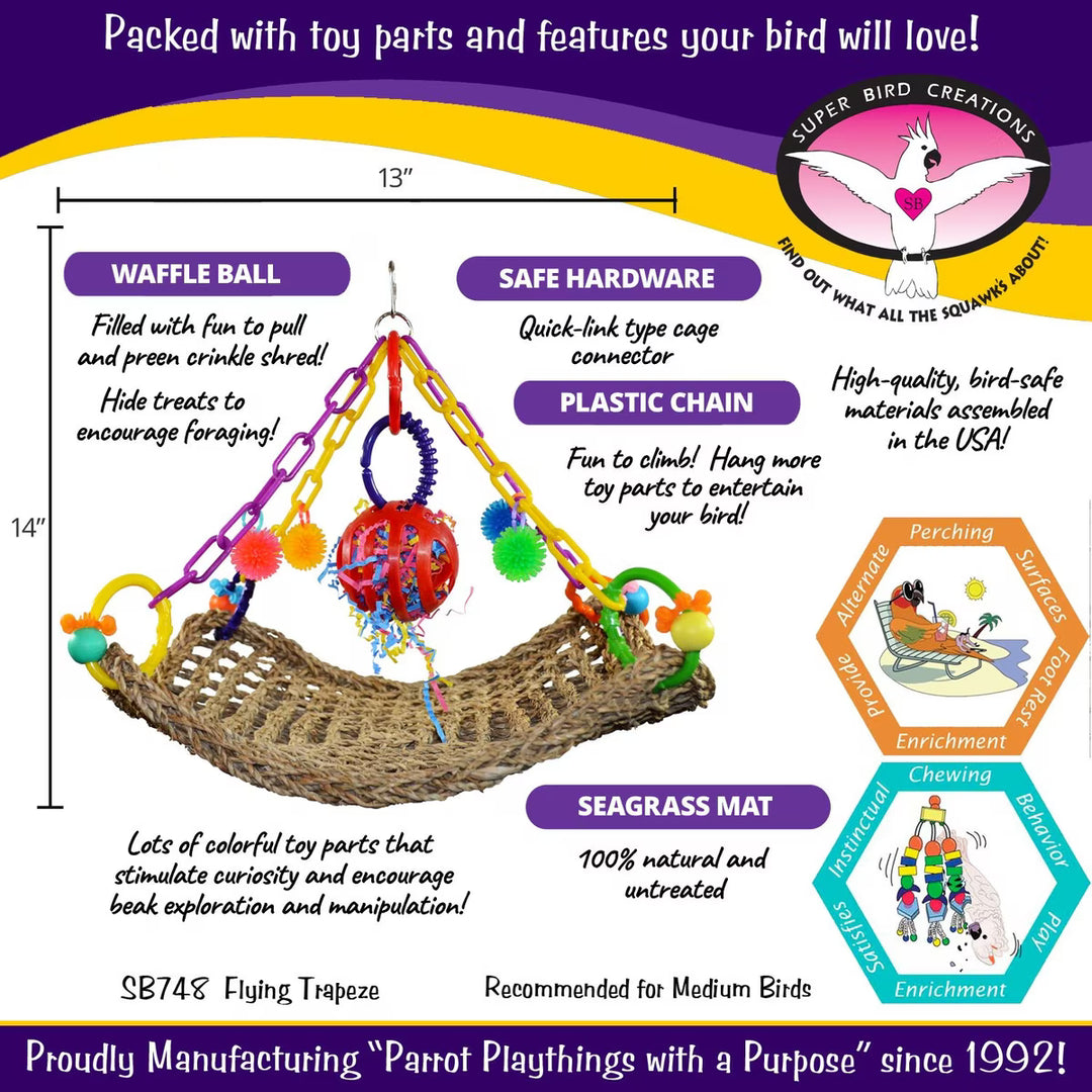 Super Bird Creations Flying Trapeze toy with features and specifications on a colorful background