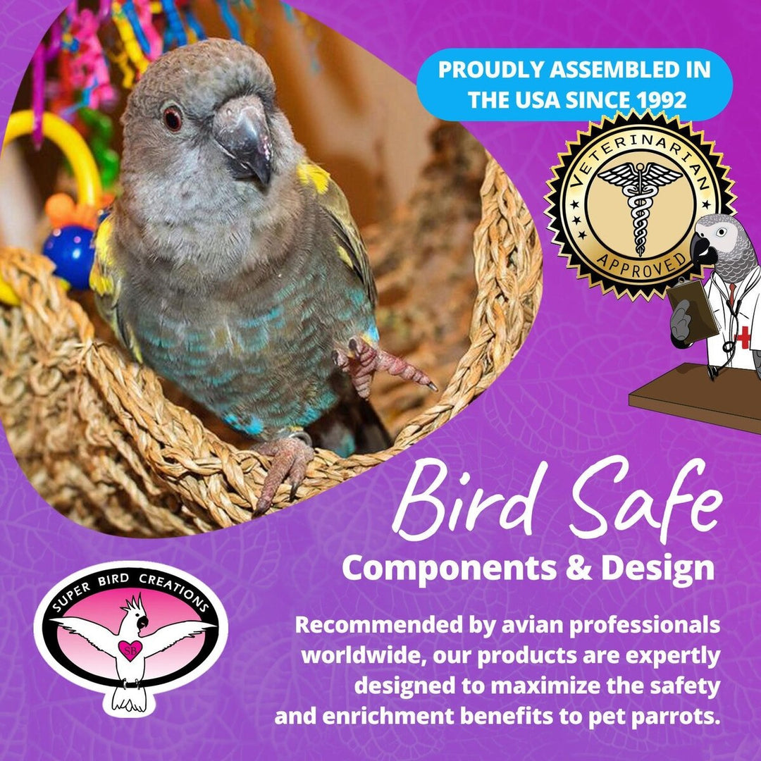 Bird perched in a nest with promotional text about bird-safe components and design, featuring a purple background.