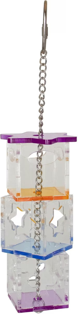 Super Bird Creations Foraging Cubes with colorful accents and a chain on a white background