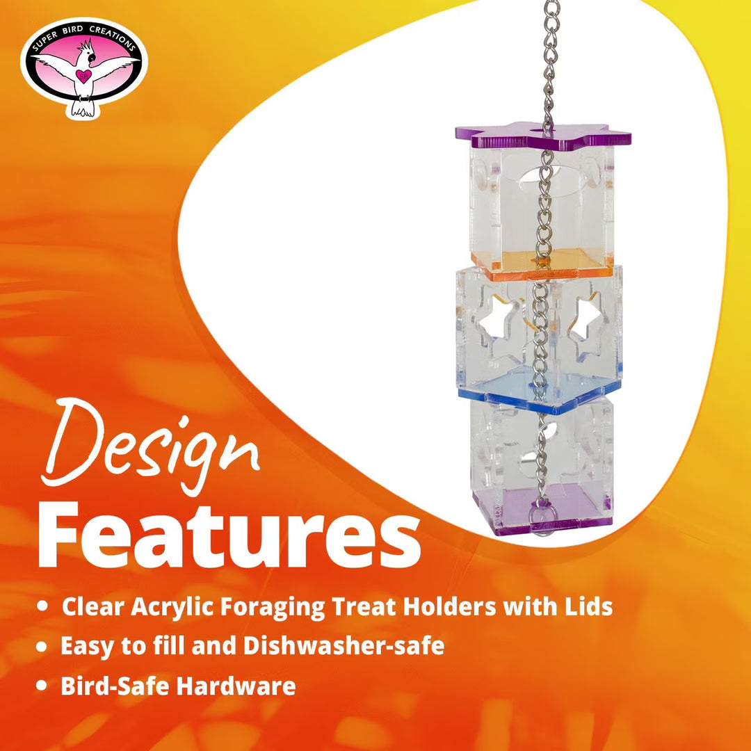 Super Bird Creations Foraging Cubes with design features text on an orange and yellow background