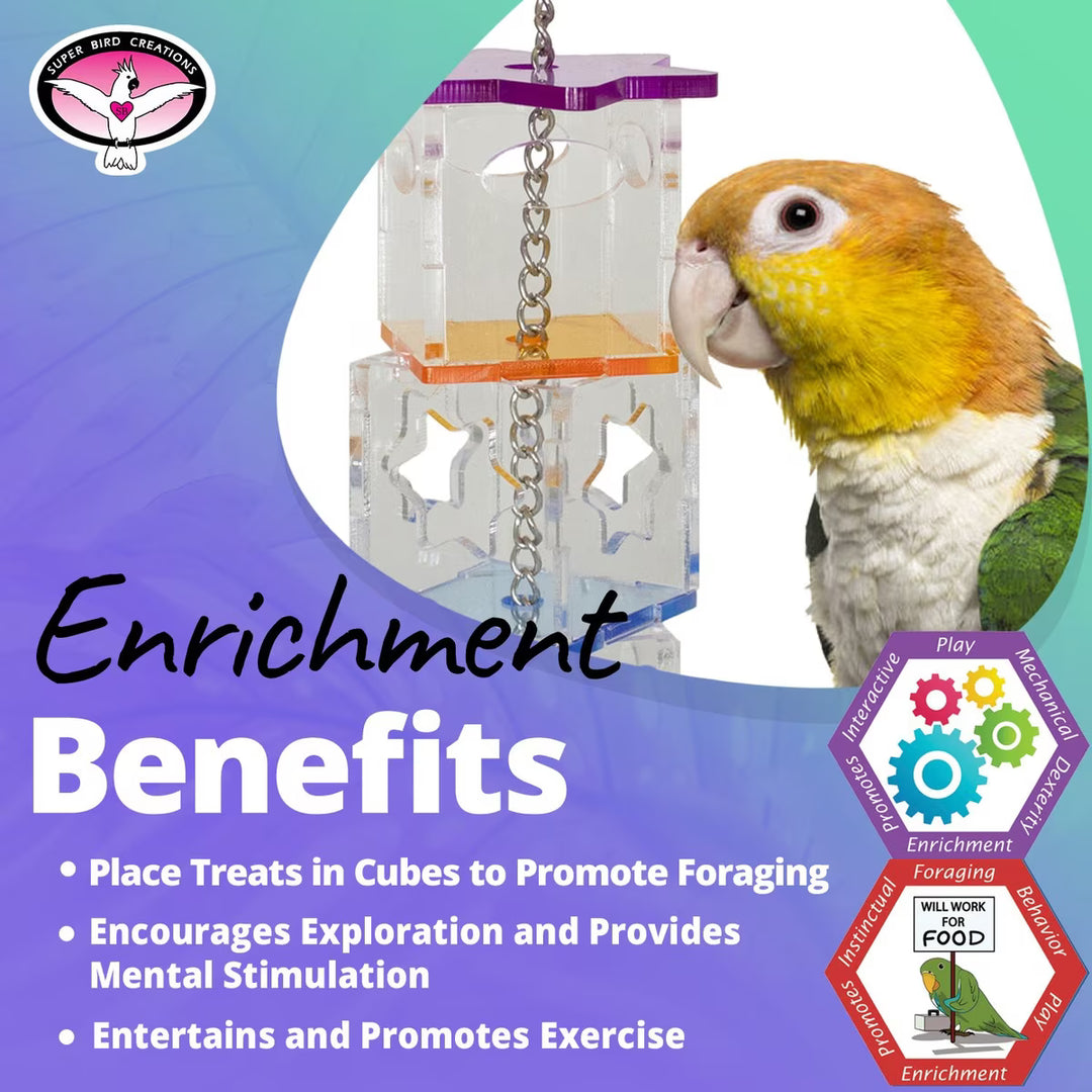 Bird toy with a parrot and text about enrichment benefits on a colorful background
