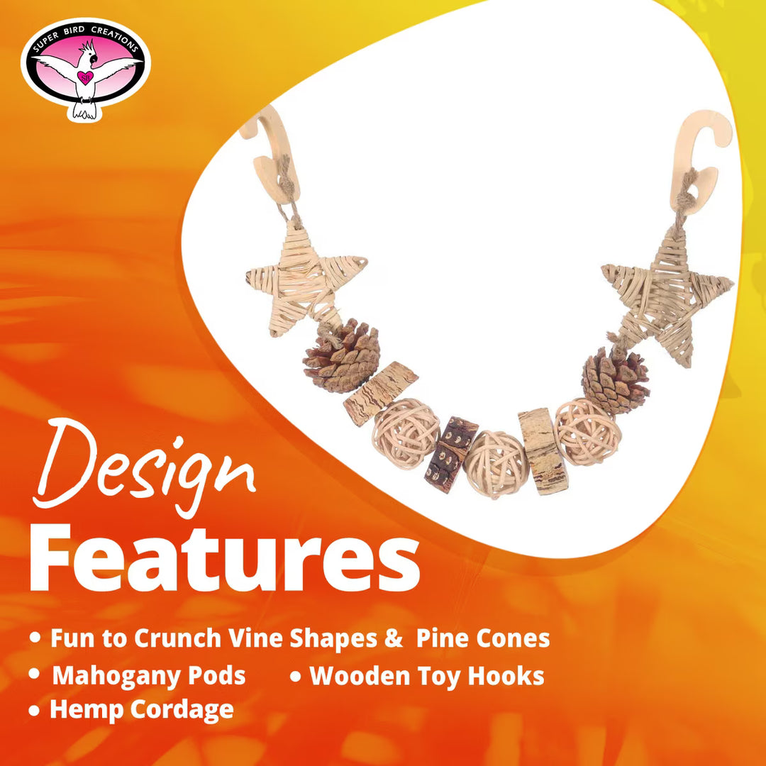 Decorative wreath with vine shapes, pine cones, and wooden hooks on an orange background.