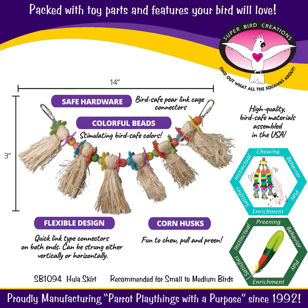 Super Bird Creations Hula Skirt Bird toy with colorful beads and corn husks, featuring Super Bird Creations branding.