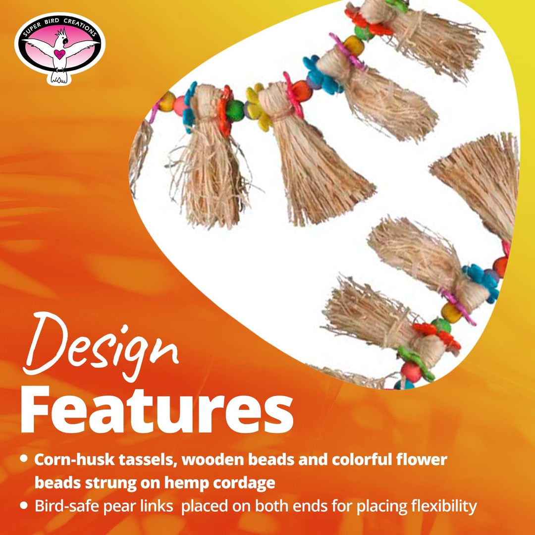 Corn-husk tassels with wooden and colorful beads on hemp cordage against a yellow background.