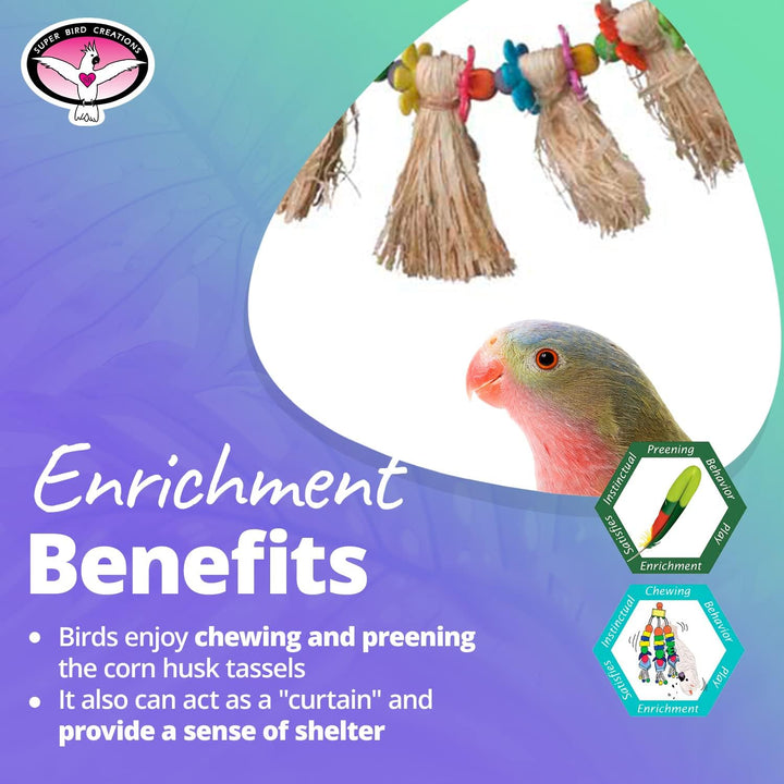 Super Bird Creations Hula Skirt Bird toy with corn husk tassels and a parrot, featuring text about enrichment benefits on a colorful background.
