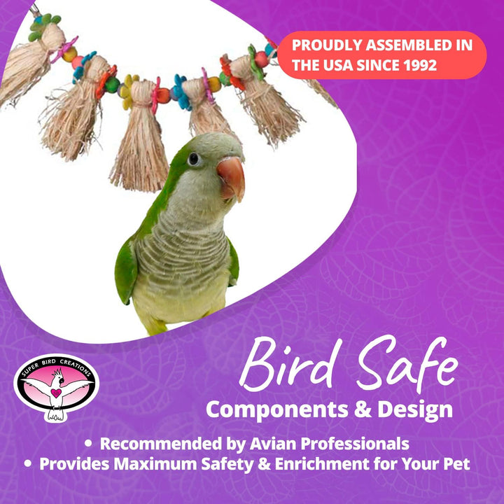 Parrot with bird-safe toy on a purple background with text about product safety and assembly location.