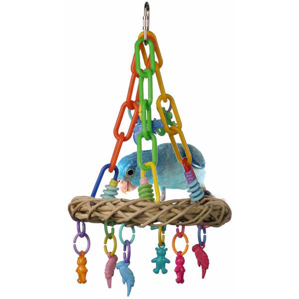 Colorful bird toy Super Bird Creations Jungle Ring with a small blue bird on a white background