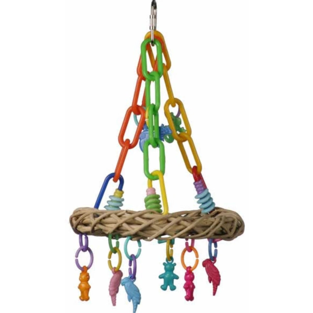 Colorful bird toy Super Bird Creations Jungle Ring with chains and hanging toys on a white background