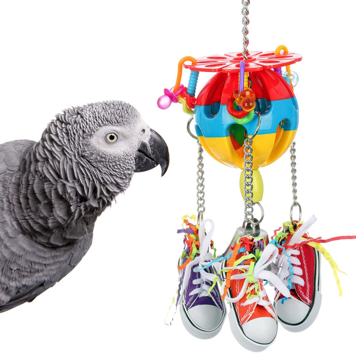 Gray parrot interacting with a colorful bird toy - Super Bird Creations Kick Ball featuring sneakers