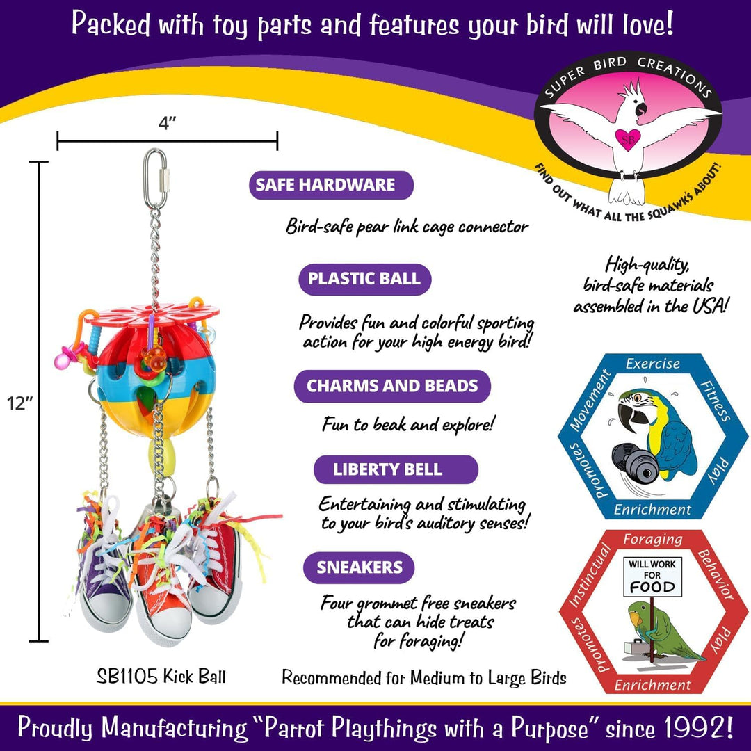 Super Bird Creations Kick Ball Bird toy with features and specifications on a colorful background