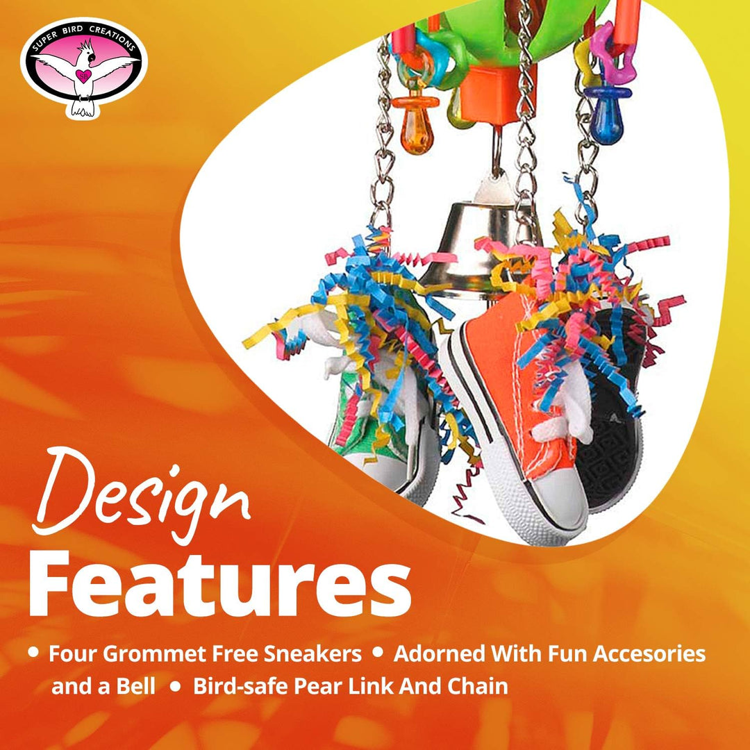 Colorful sneakers with accessories and a bell on an orange and yellow background, featuring text about design features.