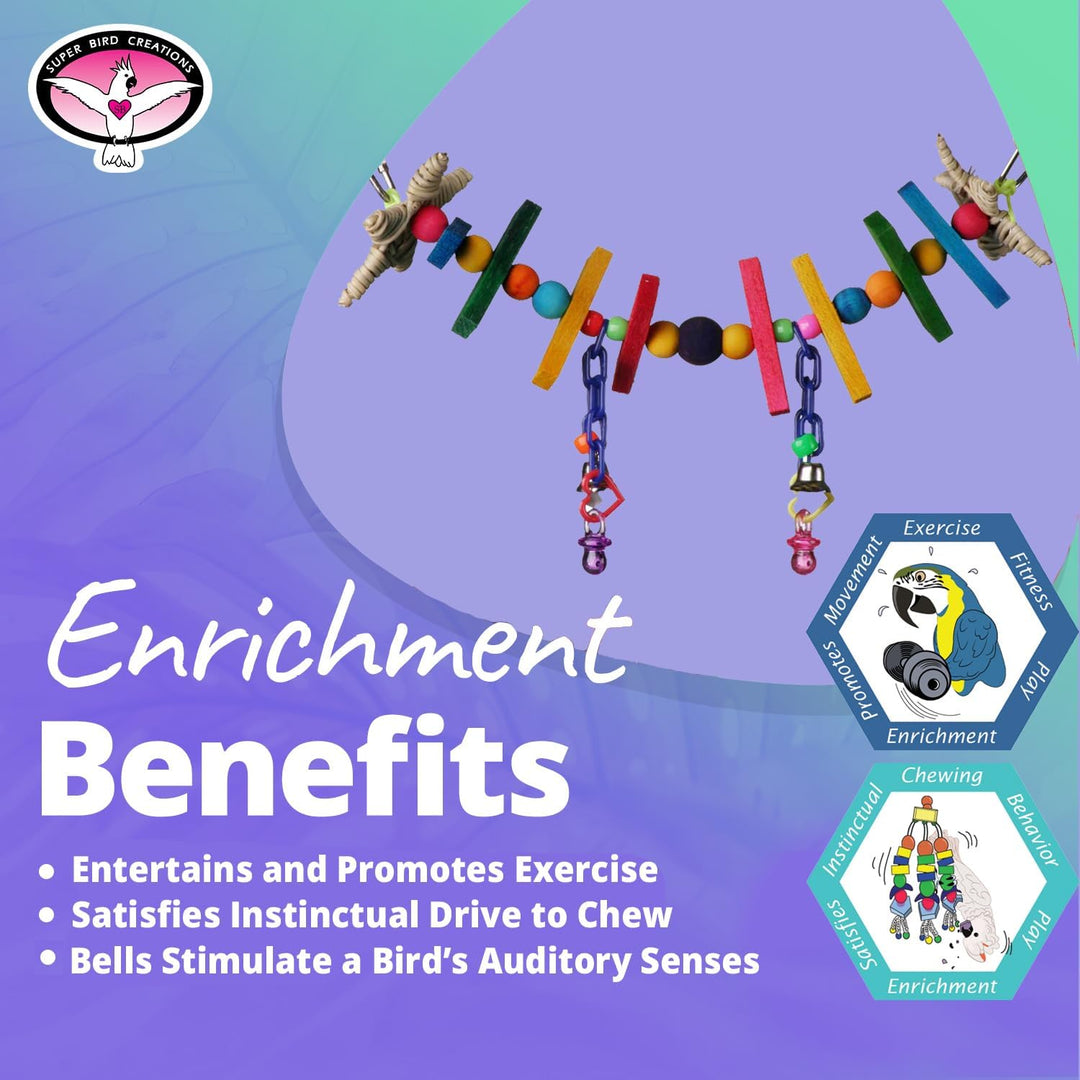 Super Bird Creations Mini Rainbow Bridge bird toy with text about enrichment benefits on a purple background