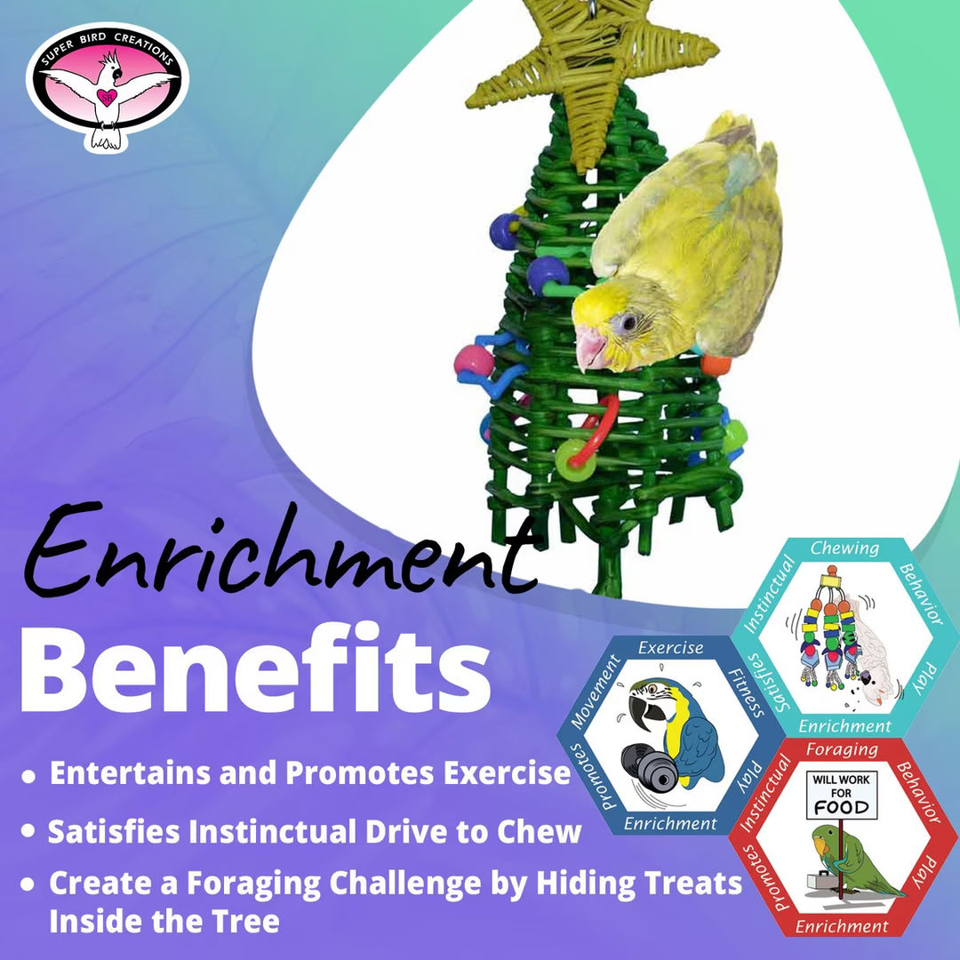 Super Bird Creations Mini Xmas Tree Bird toy with a parrot on a colorful background, featuring text about enrichment benefits.